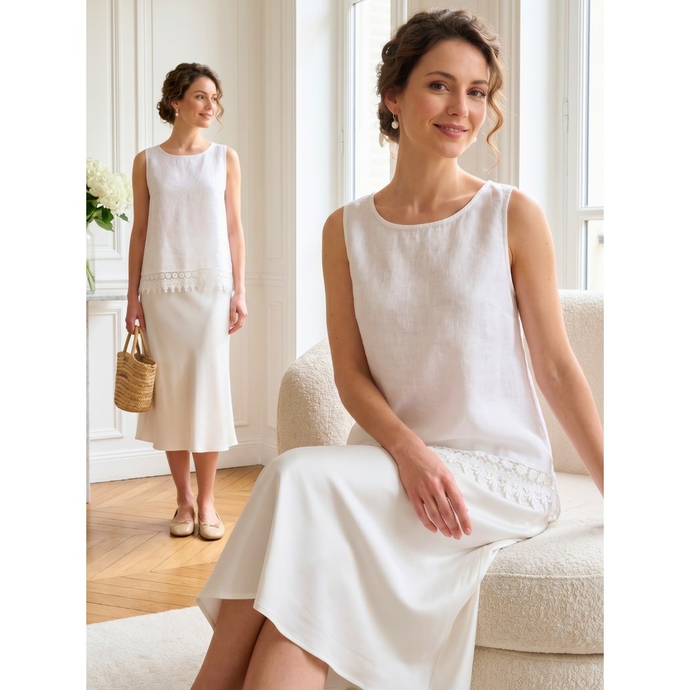 Terzo Millennio White‎ 100% Linen Sleeveless Top Lace Hem Made in Italy Size S